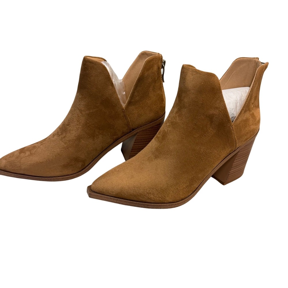 Fisace Womens Pointed Toe Stacked‎ Block Heel V Cut Ankle Booties Tan Size 9 NEW